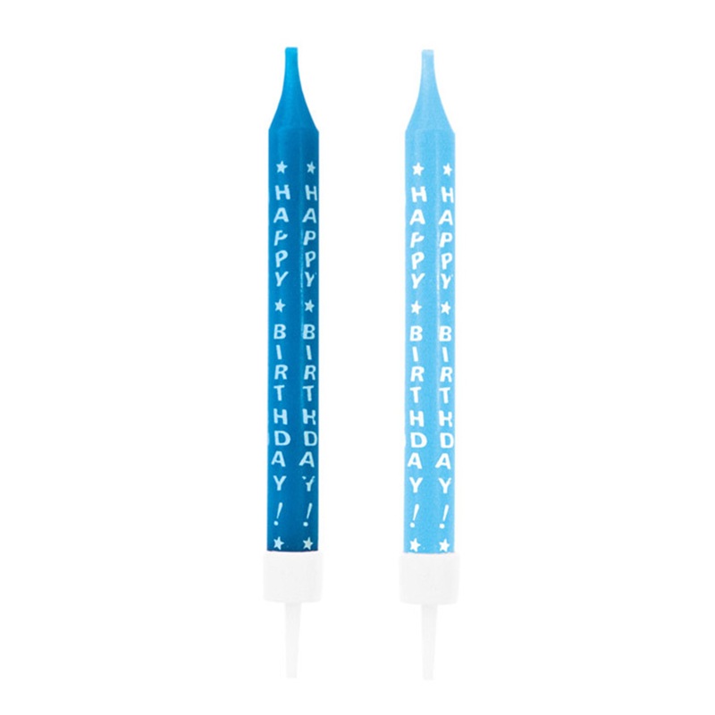 Blue Happy Birthday cake candles with holder 10 pieces