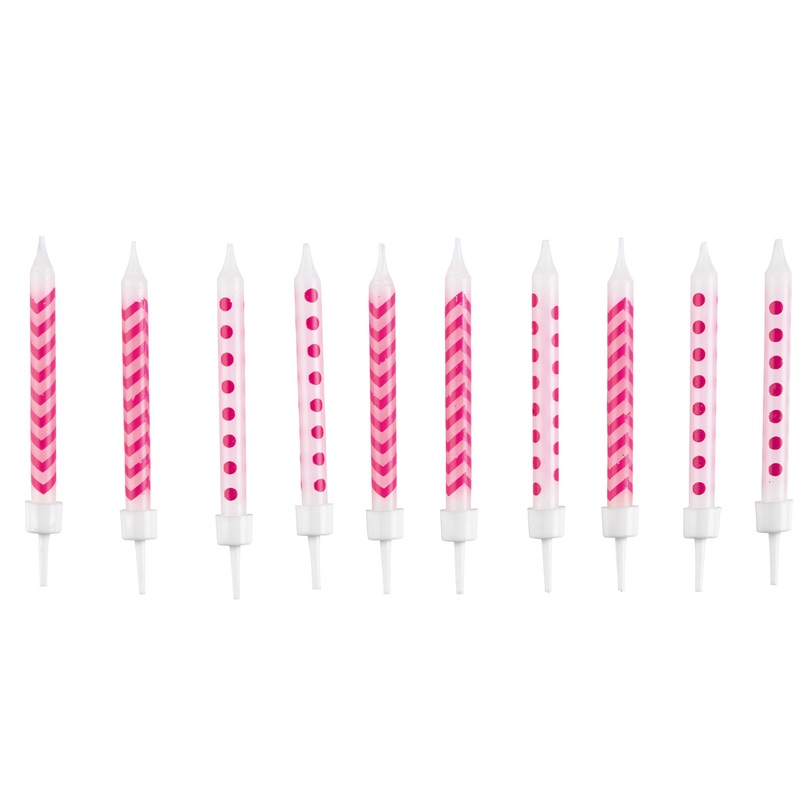 Cake candle white with pink pattern Including holder 10 pieces