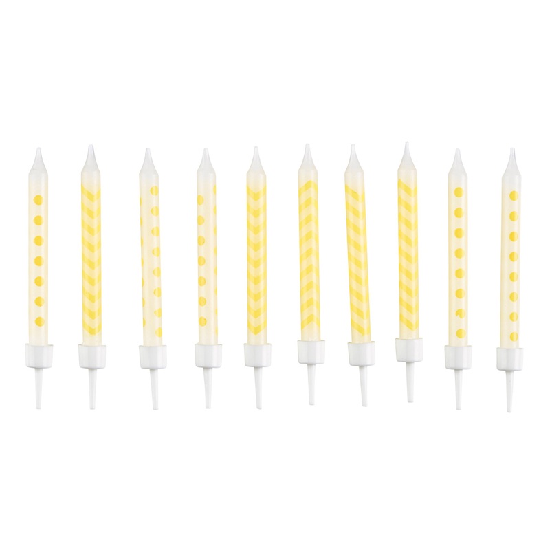 Cake candle white with sun yellow pattern Including holder 10 pieces