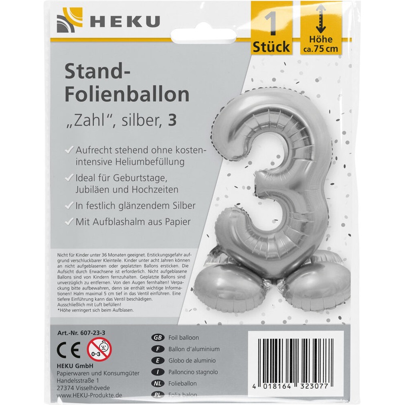 Stand Folienballon Zahl 3 silber 75cm