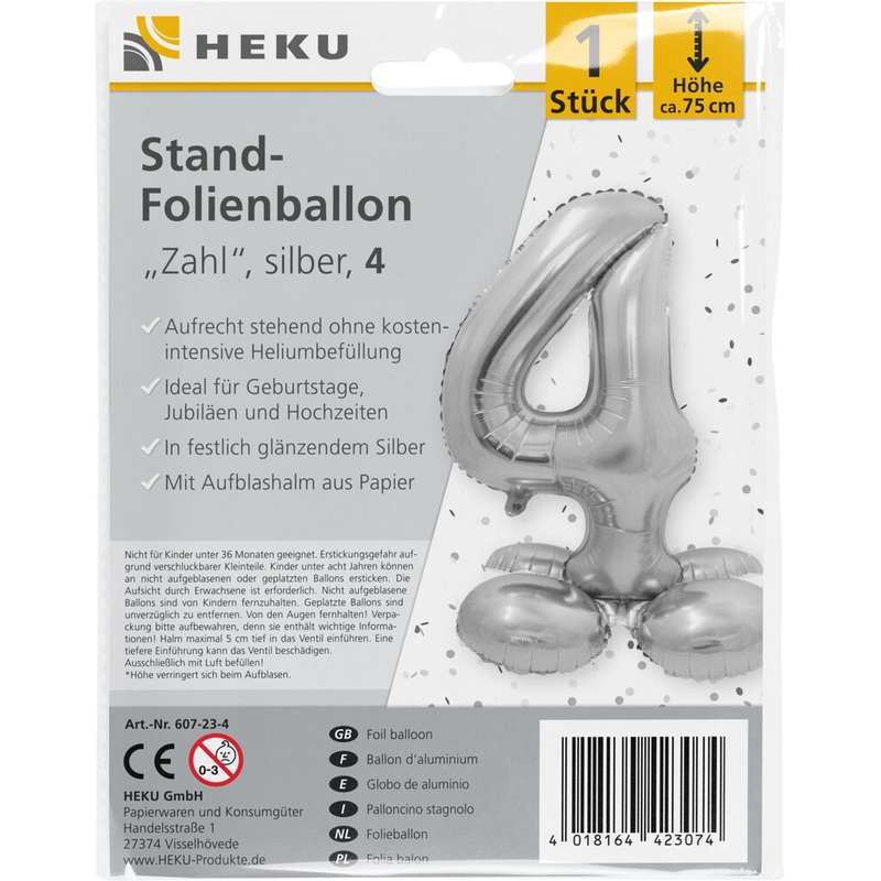 Stand Folienballon Zahl 4 silber 75cm