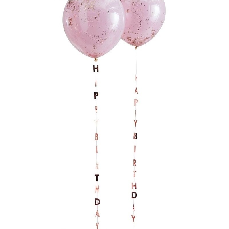 5 rose gold Happy Birthday balloon pendants 1m