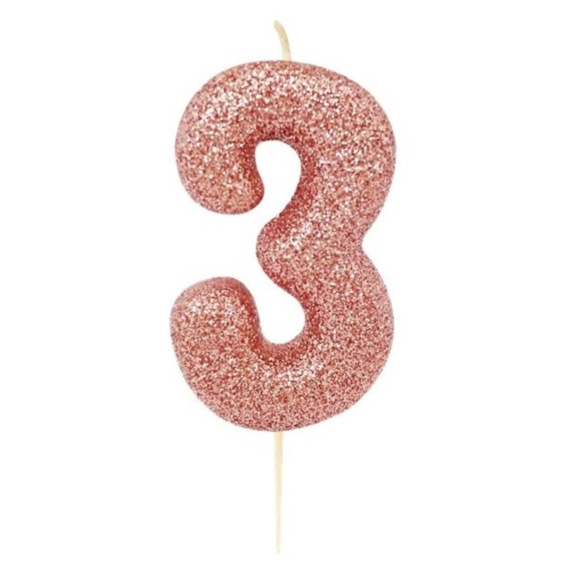 Glittering number 3 cake candle rose gold 7cm