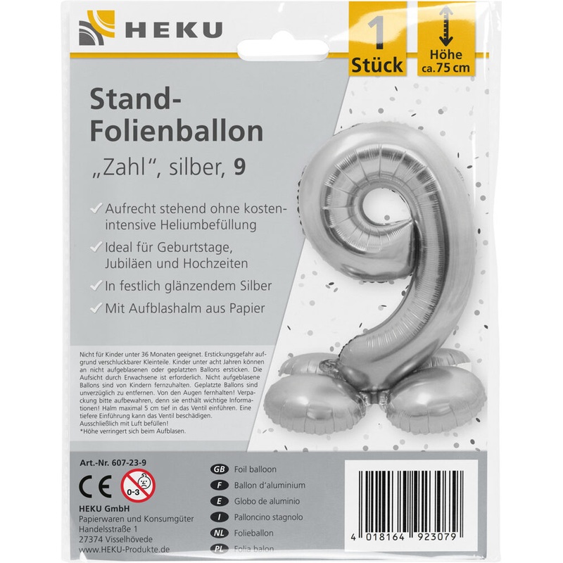 Stand Folienballon Zahl 9 silber 75cm