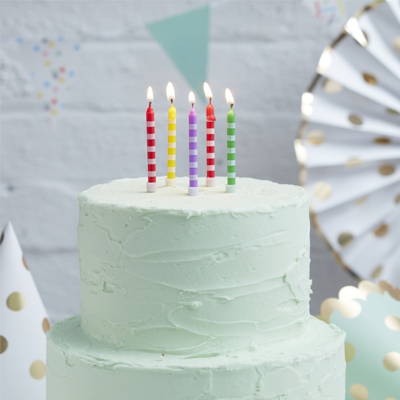 24 colorful mix & match cake candles, striped