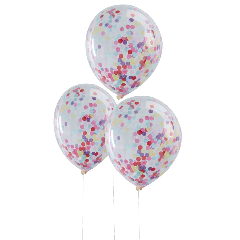 5 Mix & Match confetti balloons, colored 30cm