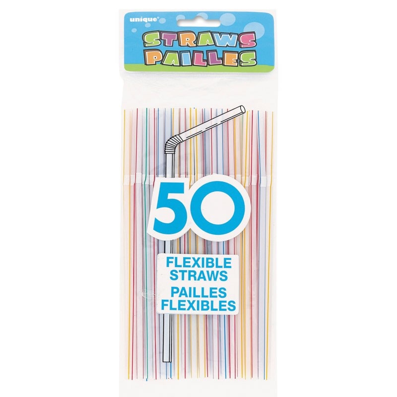50 Flexi straws with colorful stripes 20cm