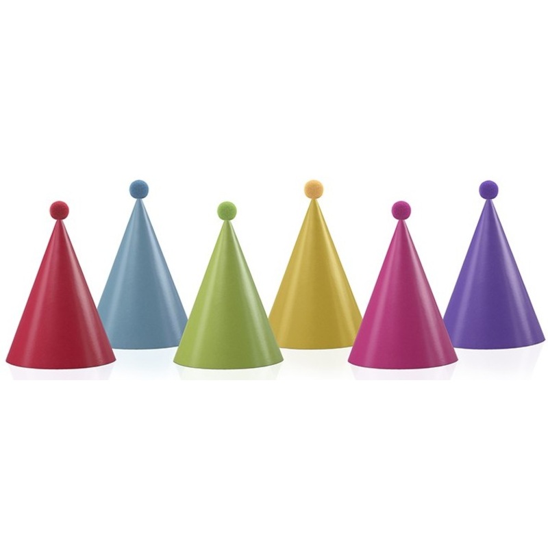 6 colorful party hats with pompom 16cm