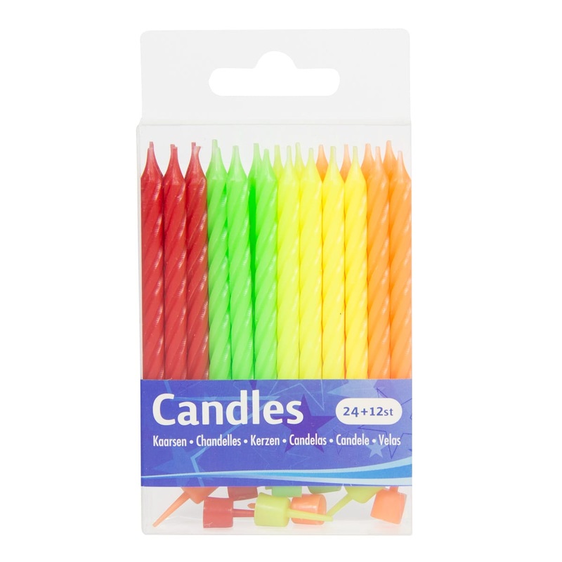 24 neon cake candles with 12 holders