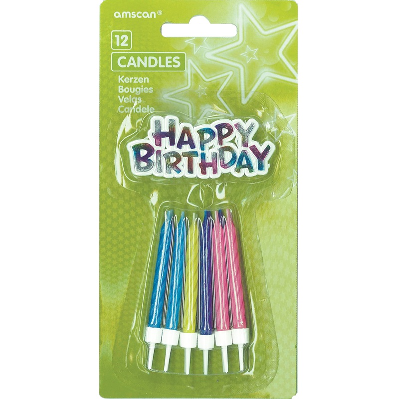 Colorful Happy Birthday cake candle set including holder 12 pieces