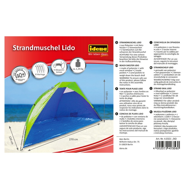 UV40+ beach shell Lido in blue/green 270x120x120cm