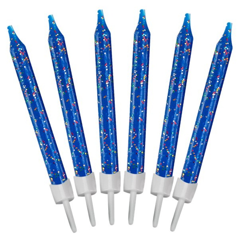 12 glitter cake candles dark blue 6cm