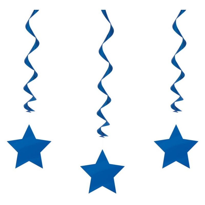 3 royal blue star deco spirals 65cm