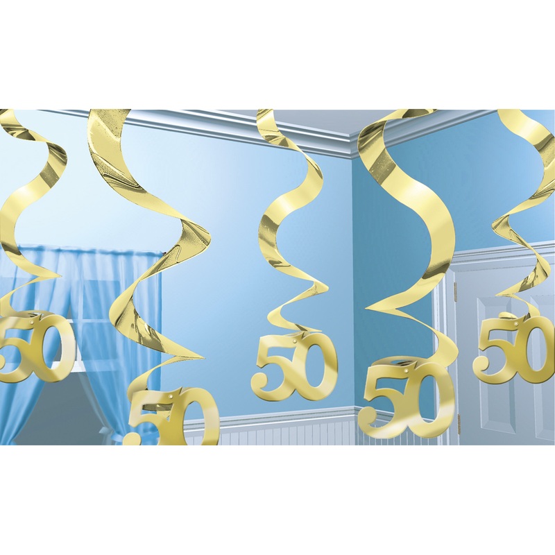 5 Happy 50 Anniversary swirl hanging decoration gold