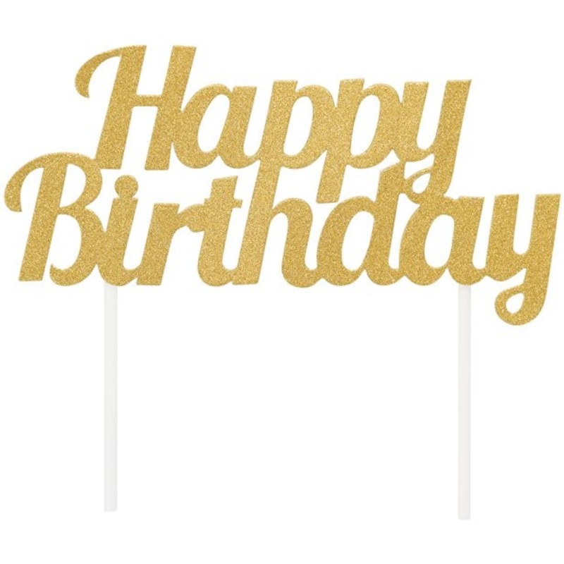 Golden Happy Birthday cake decoration 9 x 18cm