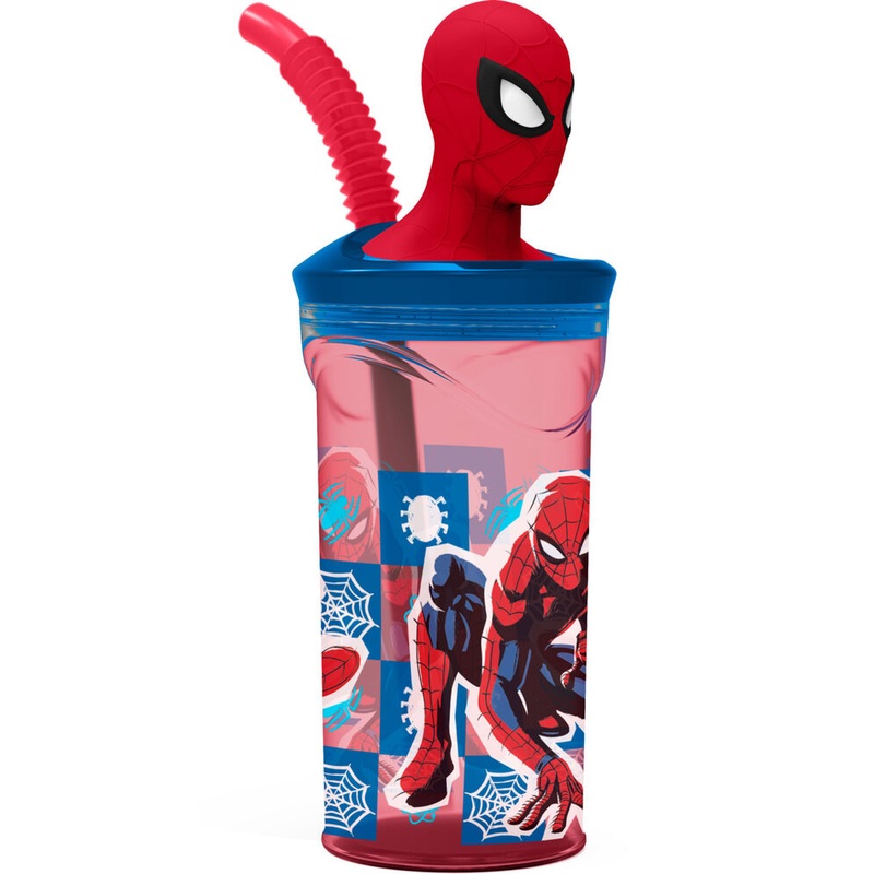 Trinkbecher Marvel Spider-Man mit 3D Figur und Trinkhalm rot/blau 360ml