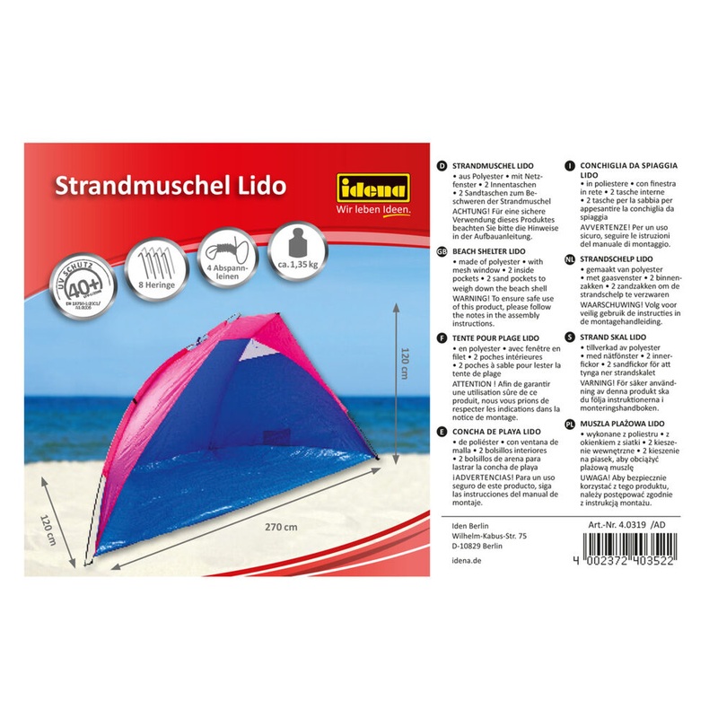 UV40+ beach shell Lido in blue/pink 270x120x120cm