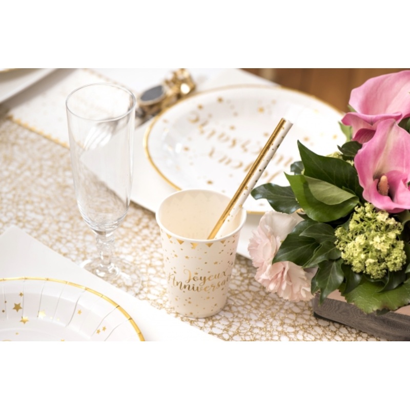 20 Joyeux Anniversaire straws white-gold
