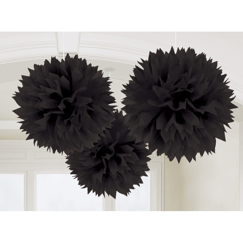 3 fluffy pompoms black 40.6cm