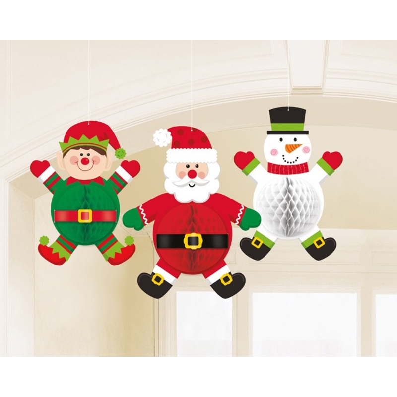 3 Jolly Christmas honeycomb ball hangers 35cm