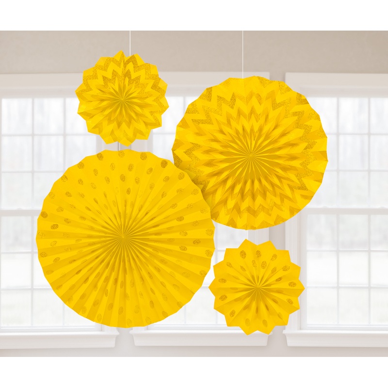 4 yellow paper fans Sunshine glitter