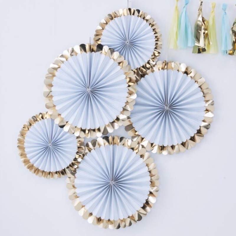5 blue pastel paper fans with gold rim 38cm