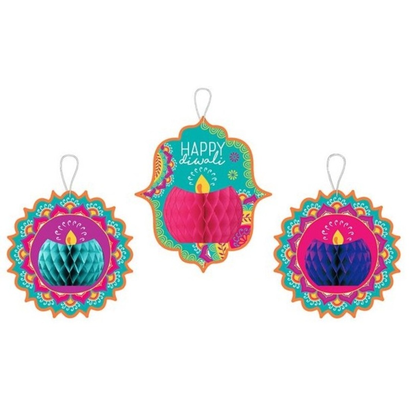 3 Happy Diwali Honeycomb Ball Decorations