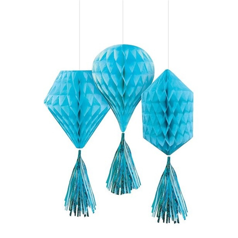 3 honeycomb balls with tassel pendants 30cm