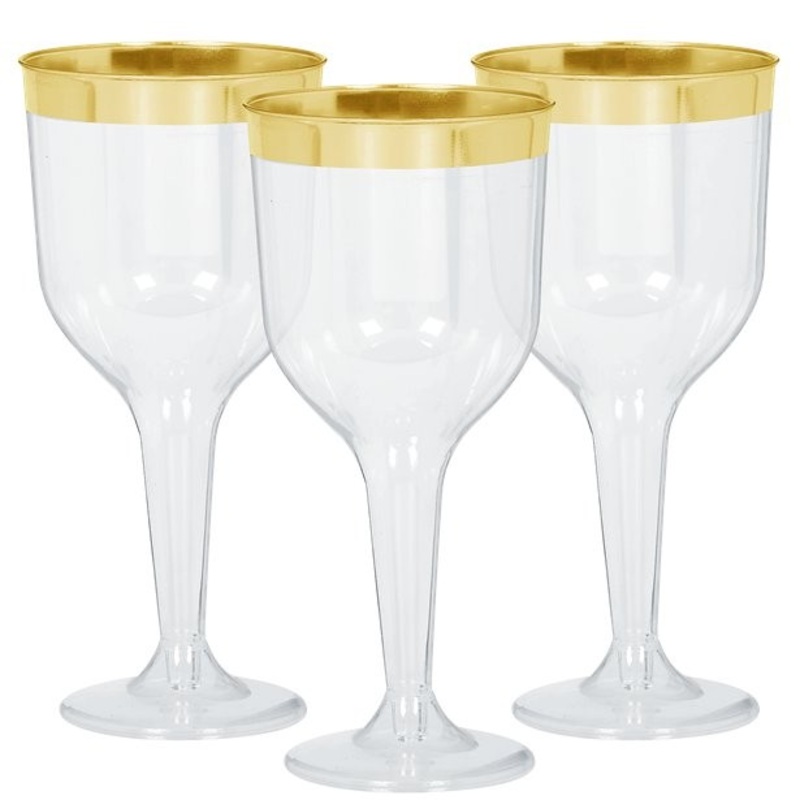 6 plastic wine glasses with gold rim 284ml