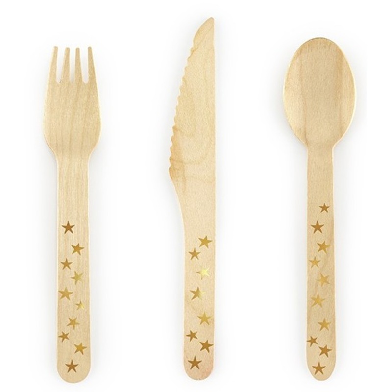 6 wooden cutlery golden stars 16 cm