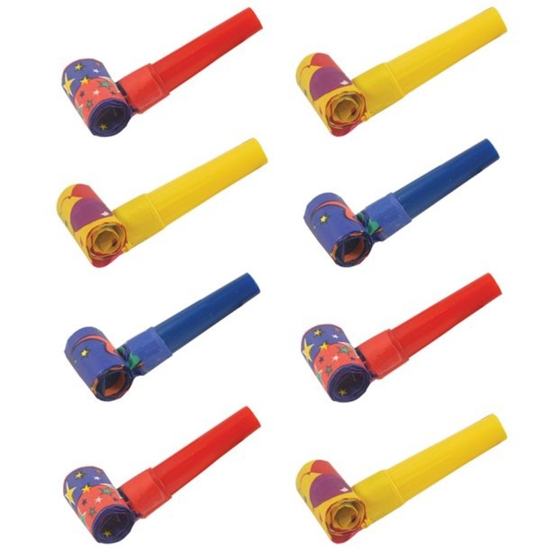 8 colorful party horns