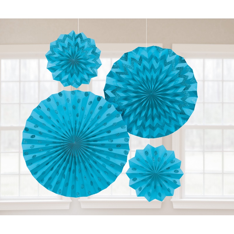 Set of 4 glitter paper rosettes azure blue