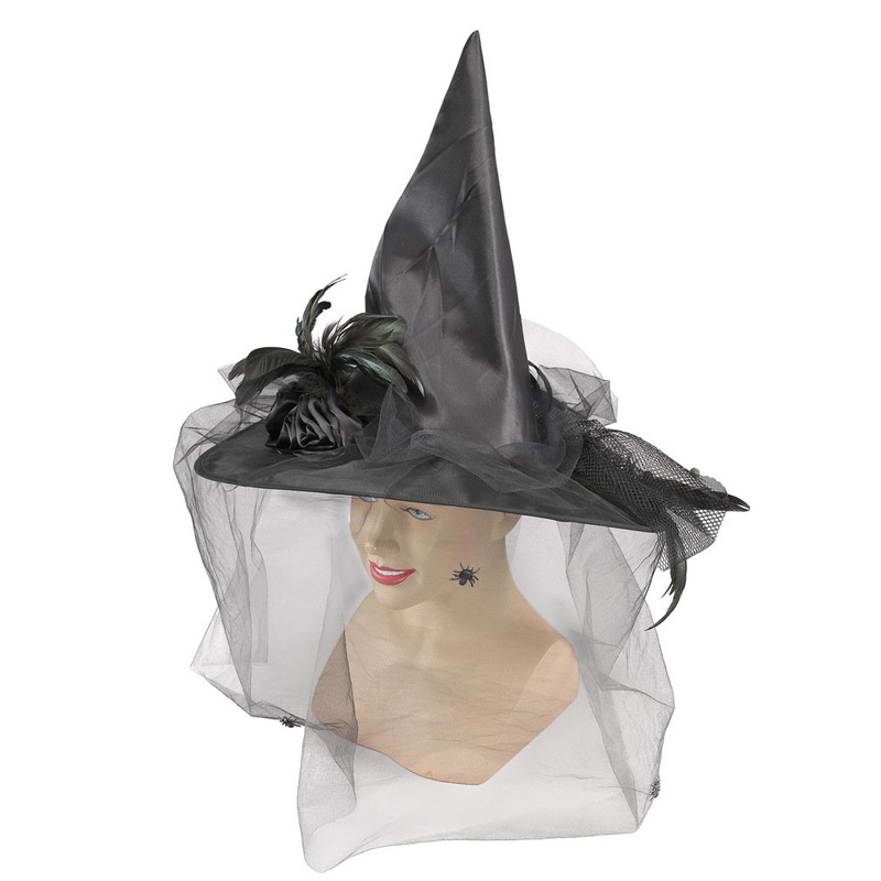 Black witch hat with veil and spiders