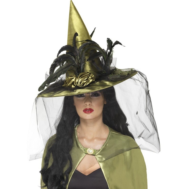 Witch hat shimmering green feathers veil