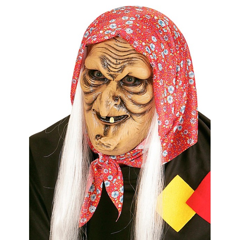 Wrinkled witch mask with white hair