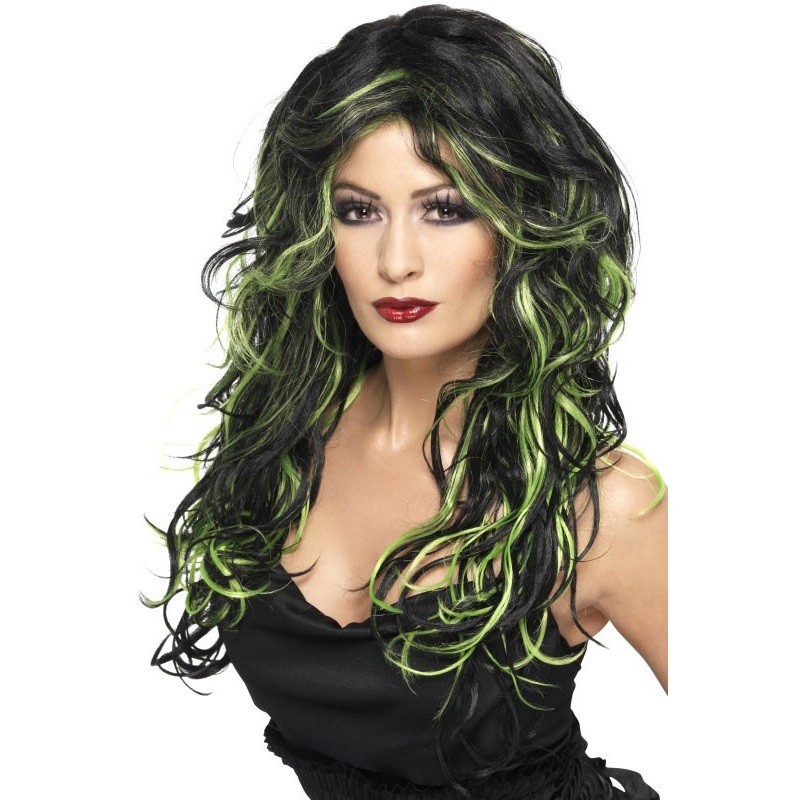 Gothic Punk Wig Long Black Green Halloween