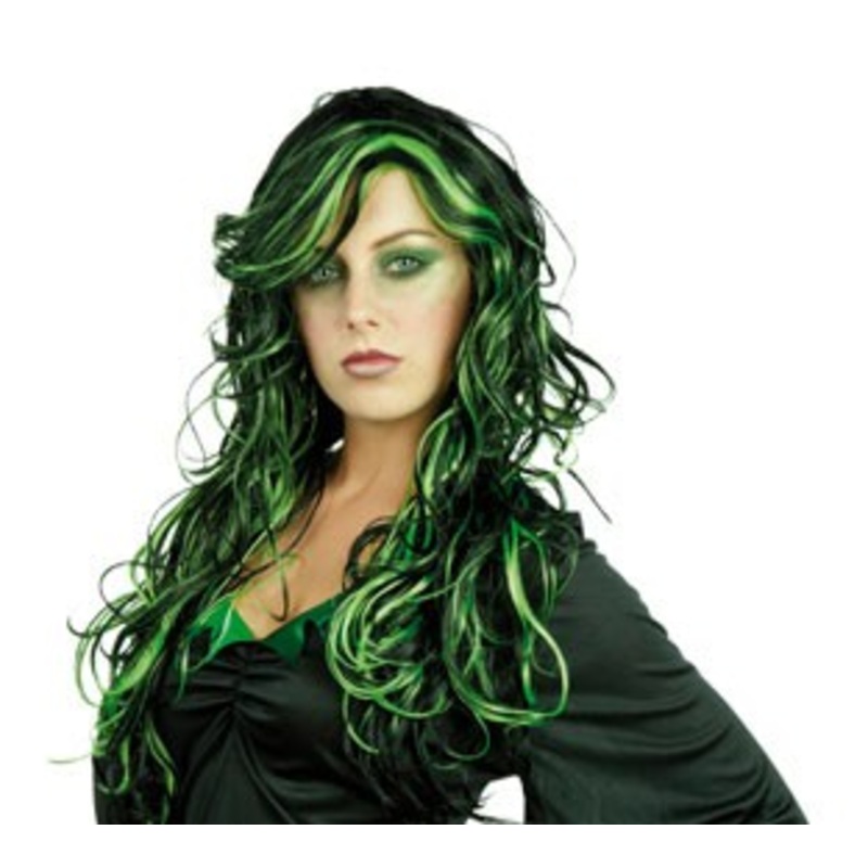 Halloween wig long hair witch wild green black