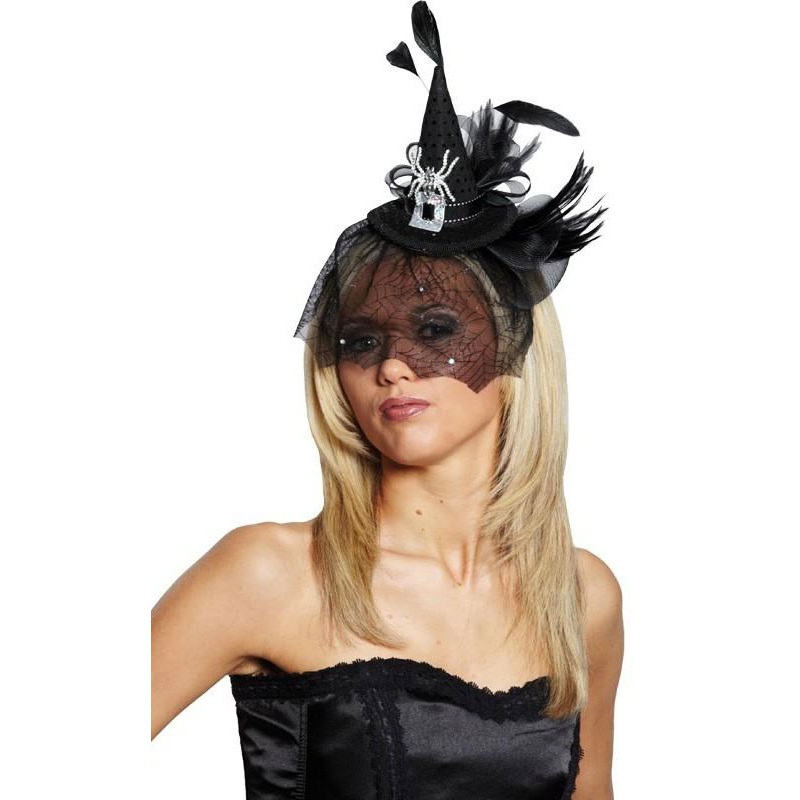 Mini witch hat headband veil feathers spider