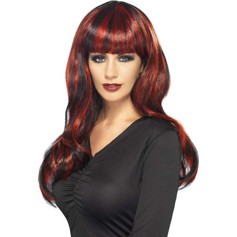 Shiny red and black long hair wig