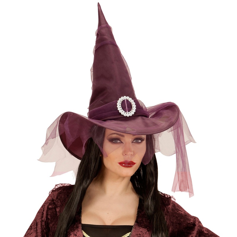 Witch hat with tulle veil purple