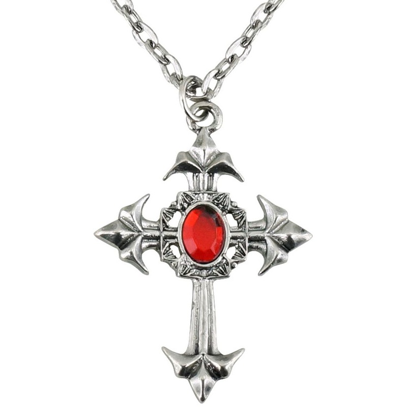 Gothic Vampire Cross Necklace with Red Jewel