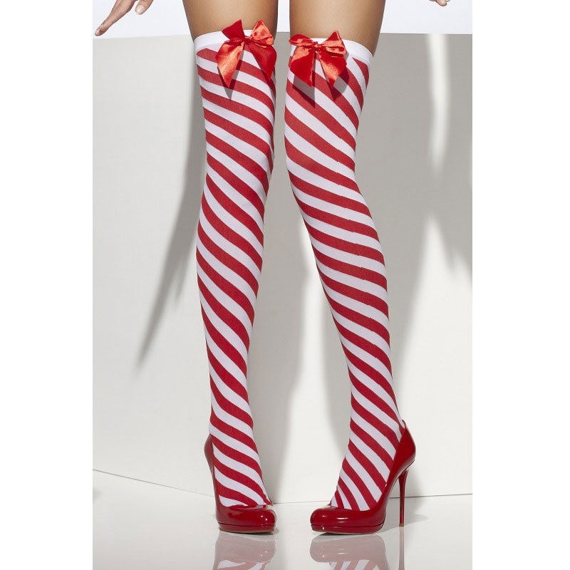 Curled thigh stockings in red and white