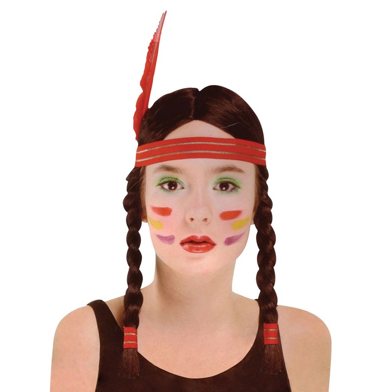 Indian woman plait wig maroon with headband and feather