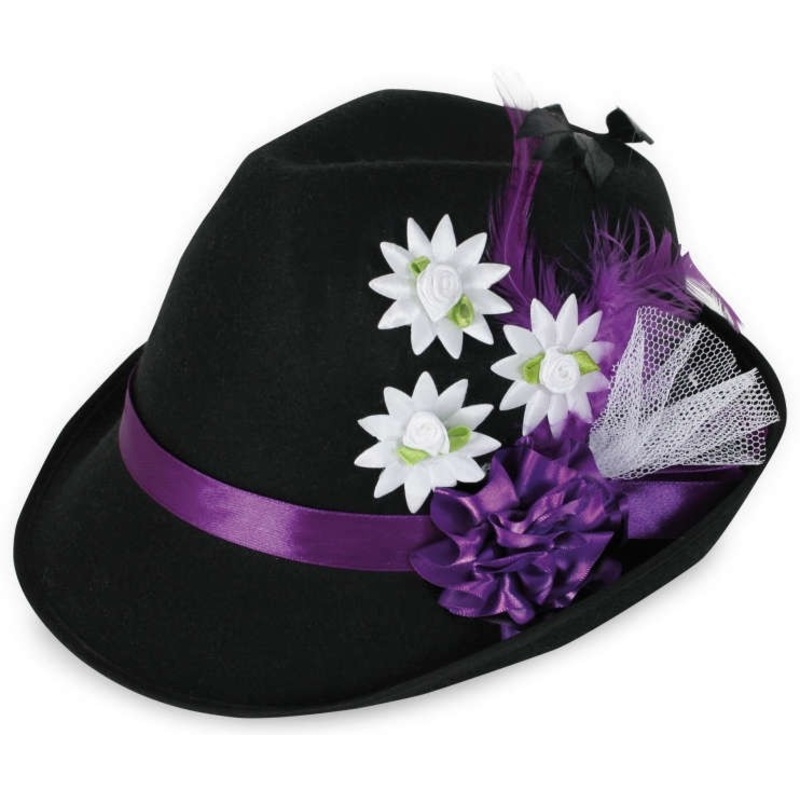 Black traditional hat with purple ribbon