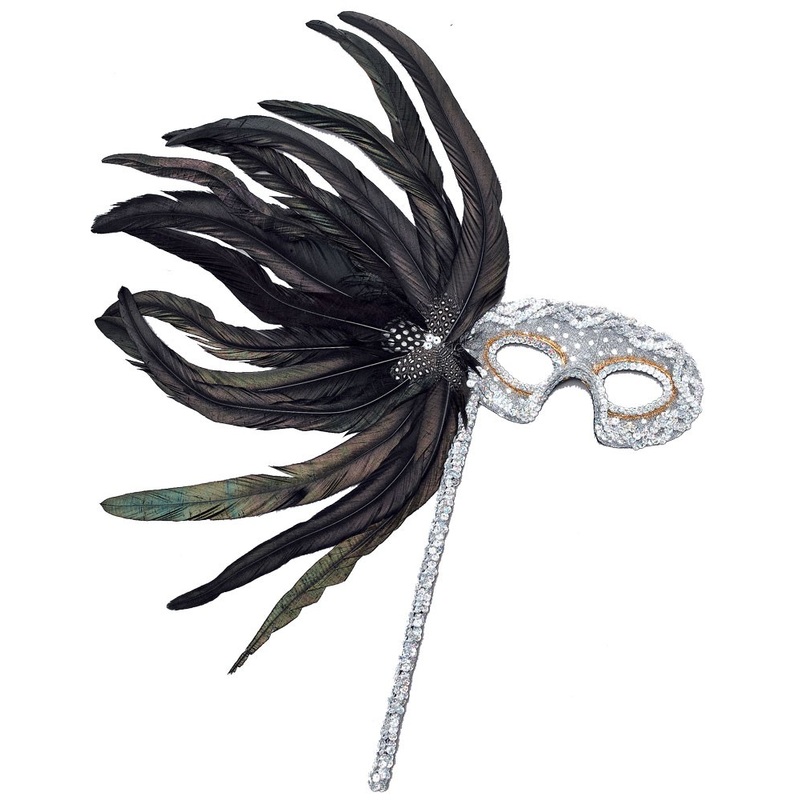 Sequin mask with rod & feather decoration