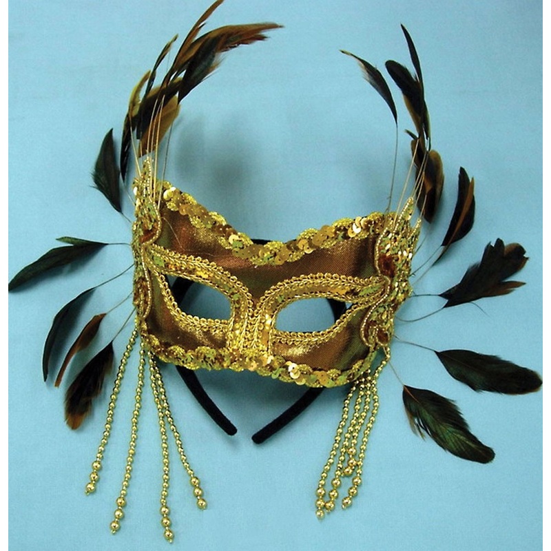 Venetian mask with feather & pearl jewelry