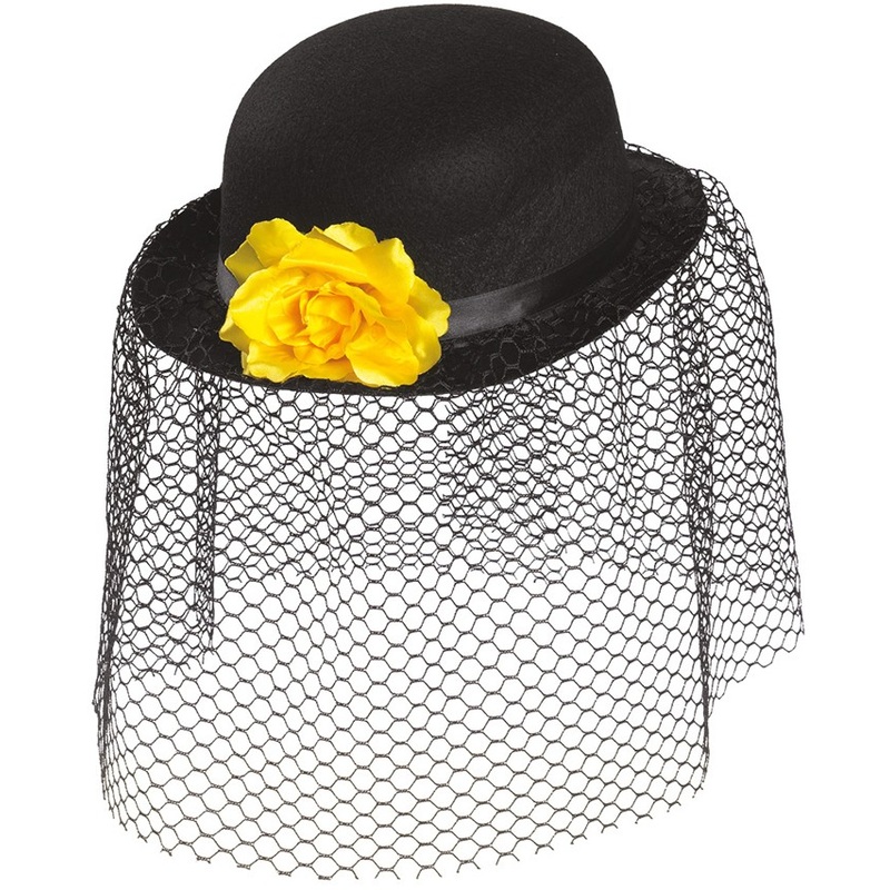 Black ladies hat with veil and yellow flower