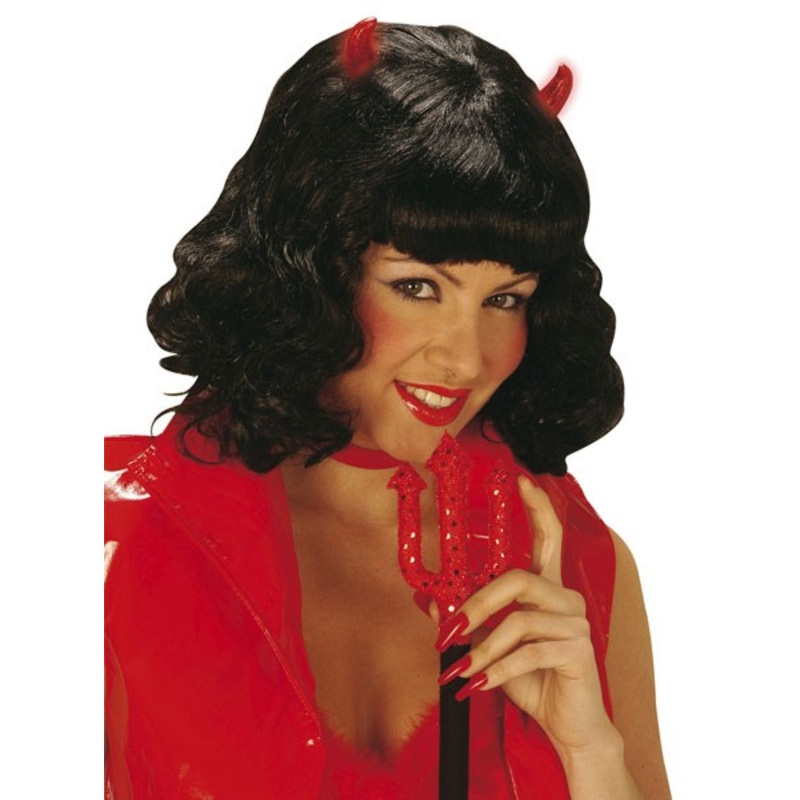 Halloween wig devil with luminous horns black curly