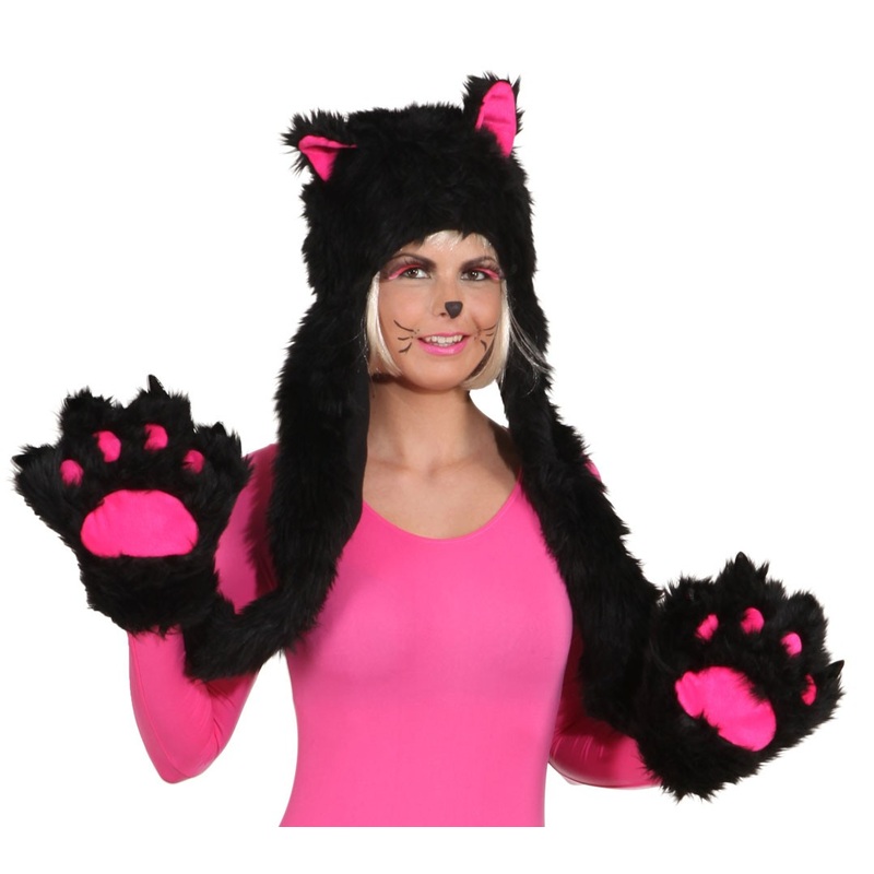 Plush cat hat with integrated gloves