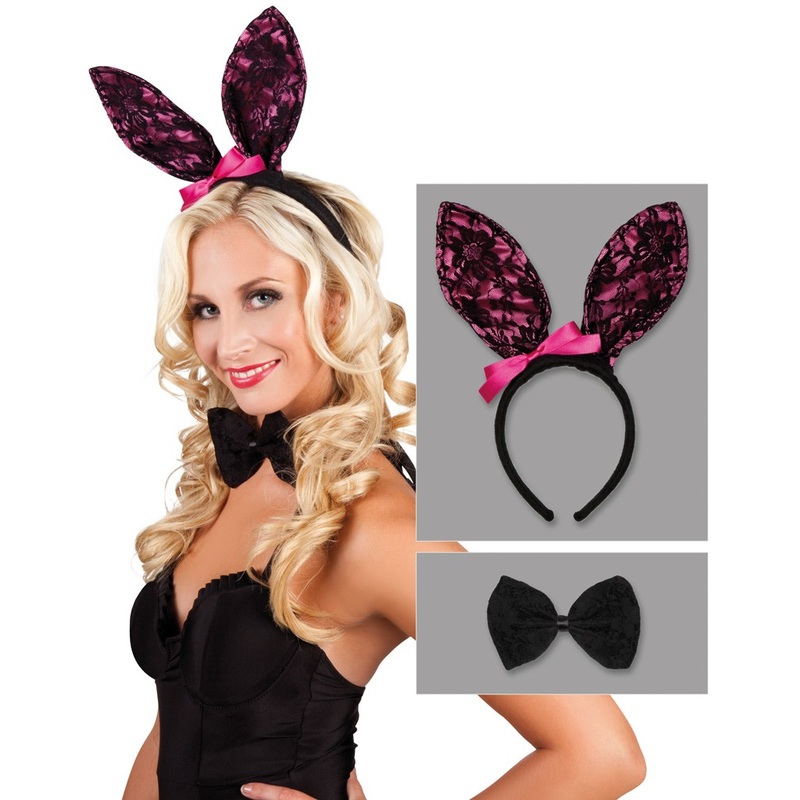 Bunny ears with bow tie black-pink